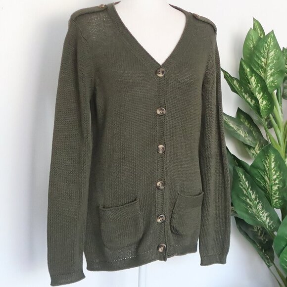 Talbots Military Green 100% Cotton Knit Tortoise Button Sweater Cardigan M - Picture 11 of 11